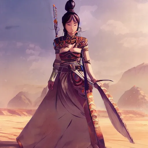 Image similar to ancient asian dynasty princess, three kingdom, dynasty warriors, cute face, standing in an oasis in the desert, 8 k beautiful, elegant, grafity, c 4 d, digital painting, smooth, concept art, in style of yoji shinkawa, pan ren wei, col price, atey ghailan, by greg rutkowski, aesthetic