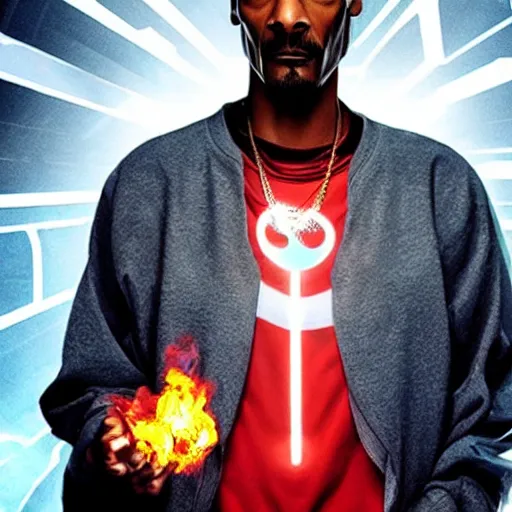 Image similar to Snoop Dogg starring as a futuristic Marvel Super Hero holding green fire for a 2022 Marvel Movie poster, epic