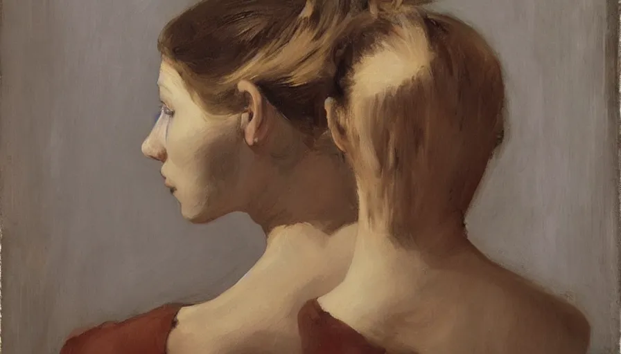 Image similar to painting by borremans, young woman in front of the mirror, detailed, stunning