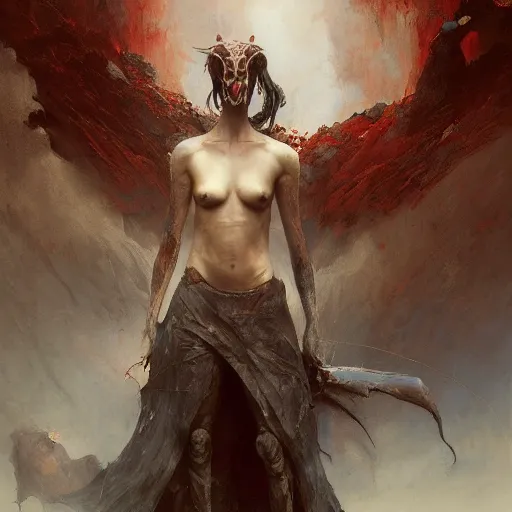 Image similar to Exterior Desert Oasis puissant physique demonic crow wearing a devilry costume Jan Van eyck greg rutkowski ilya repin christophe young bastien lecouffe-deharme ismail inceoglu odd nerdrum dragan bibin john steuart curry