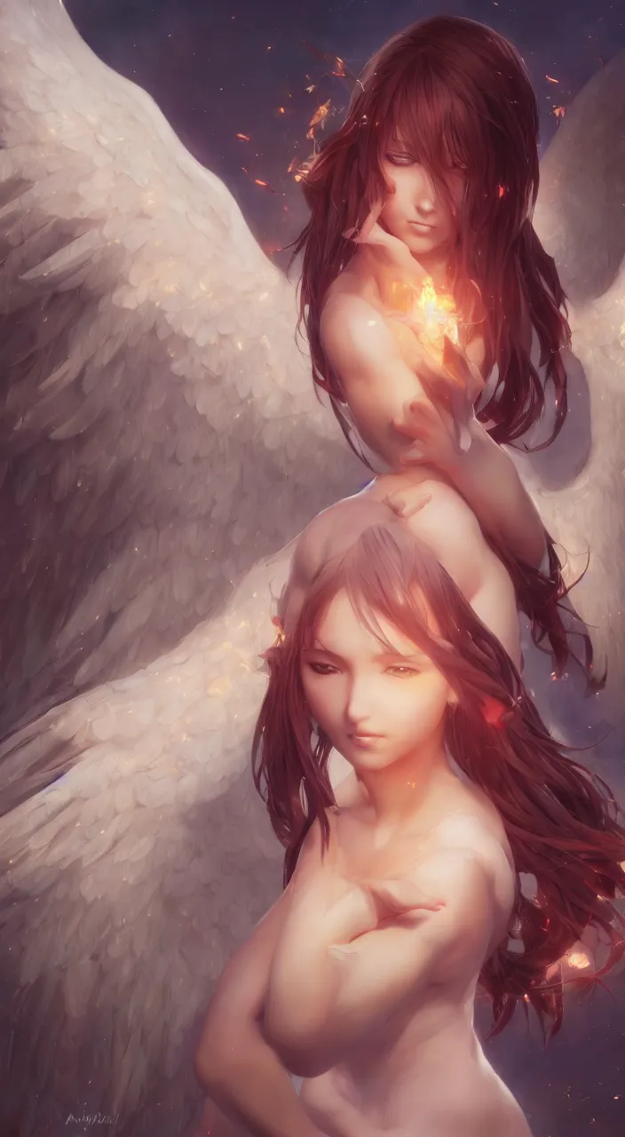 Image similar to an oil painting of a beautiful anime girl with angel wings, by artgerm, wlop and greg rutkowski, hd, hdr, ue 5, ue 6, unreal engine 5, cinematic 4 k wallpaper, 8 k, ultra detailed, high resolution, artstation, award winning