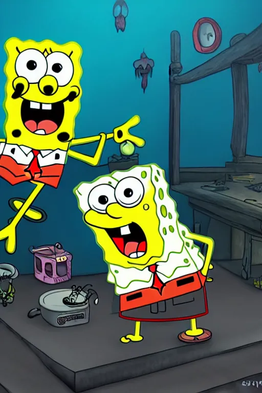 Prompt: spongebob as ghost in horror movie, uhd, arstation, 4 k, detail, ultra realistic, art by jacqueline e, color by tafy laplanche, background by bo feng lin
