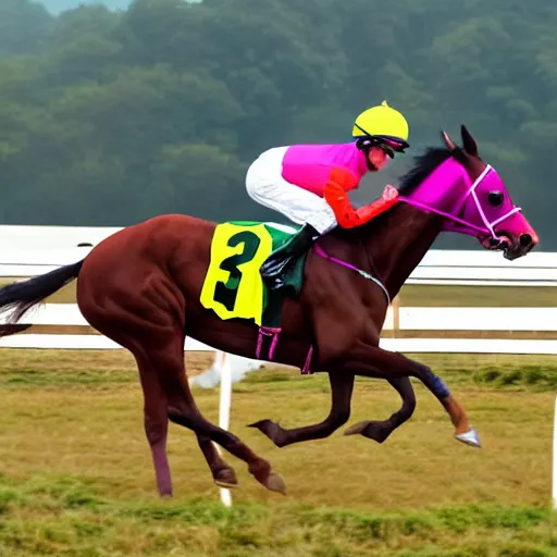 Image similar to close - up front view of a racing thoroughbred stallion ( with jockey in colorful outfit ) galloping extremely hard and emerging headfirst out of very dense ground fog to win a race at the track.