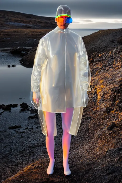 Image similar to an ultra high definition professional high fashion portrait studio full length photograph of a model wearing a transparent pearlescent raincoat and neon visor in an icelandic black rock environment at dawn. no artefacts. extremely detailed. stark. refraction. shallow depth of field. volumetric light and shadow. ray tracing. light rays.