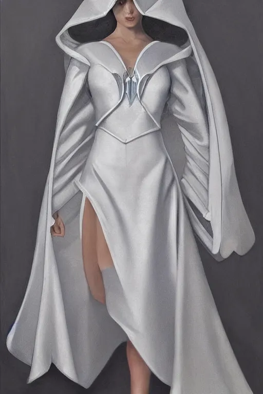 Image similar to detailed beautiful noun in opened white gold blue coat, seductive confident pose, attractive feminine curves, intricate details, futuristic, alien, elegant cape, elegant, photorealism, trending on artstation, holy halo, advanced technology, art by moebius and vitaly bulgarov and chanthara