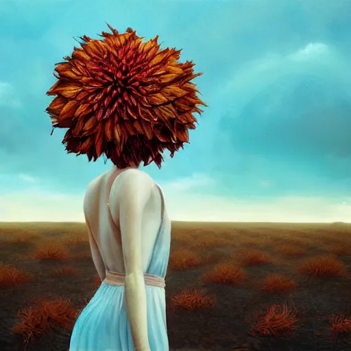 Image similar to closeup giant dahlia flower crown head, a girl walking between dunes, surreal photography, sunrise, blue sky, dramatic light, impressionist painting, digital painting, artstation, simon stalenhag