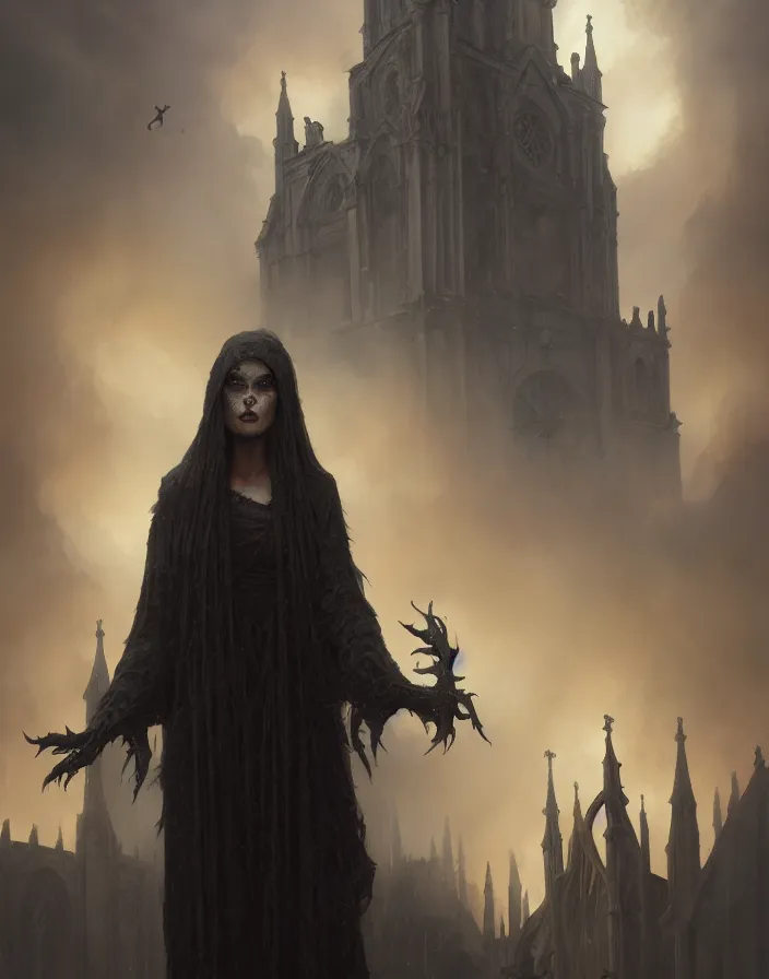 Prompt: A beautiful digital painting of a Grim Reapper, ancient catedral behind her, intricate, cinematic lighting, highly detailed, digital painting, Artstation, concept art, smooth, sharp focus, illustration, art by Tom Bagshaw, Artgerm and Greg Rutkowski