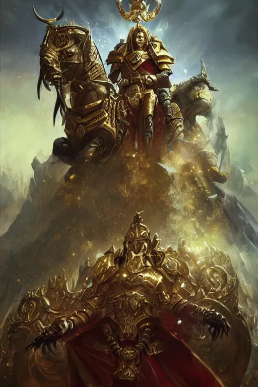 Prompt: the emperor of mankind on his golden throne, the corpse emperor, hearthstone art style, epic fantasy style art by Craig Mullins, fantasy epic digital art, epic fantasy card game art by Greg Rutkowski