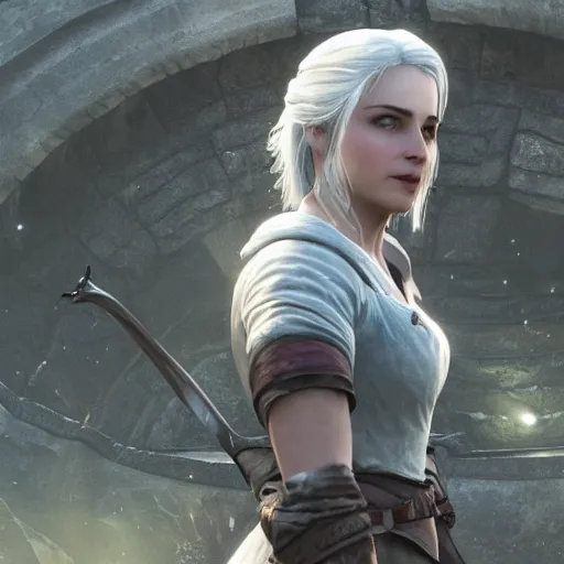 Prompt: still of Ciri in front of the stargate