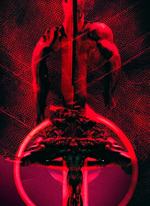 Image similar to dark design poster showing a close up of a heroic greco roman statue, black background with very subtle red and purple design elements, powerful, nekro, vito acconci, thin straight lines, dark, glitch art, neo vaporwave, gritty, layout frame, square, trending on artstation