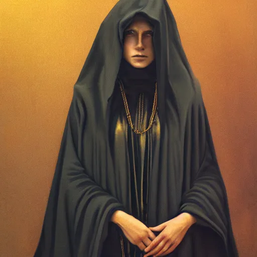 Image similar to a portrait of a young woman wearing a long dark cloak, hood and shadows covering face, holding golden chains, oil painting, matte painting, black background, Volumetric Golden dappled dynamic lighting, Highly Detailed, Cinematic Lighting, Unreal Engine, 8k, HD, by Beksinski