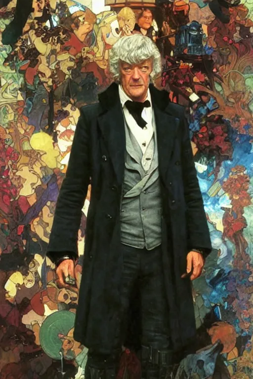 Image similar to The Third Doctor standing next to the TARDIS, portrait by Stanley Artgerm Lau, greg rutkowski, thomas kindkade, alphonse mucha, loish, norman Rockwell