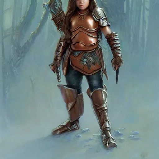 Prompt: pokimane wearing copper armor with sword and shield, small stature, short size, cute and adorable, pretty, aesthetic forest, portrait, matte fantasy painting, DeviantArt Artstation, by donato giancola, ralph horley, loish, cinematic lighting