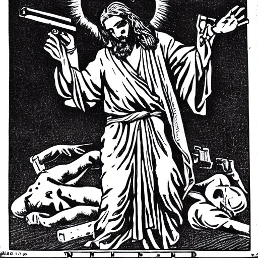 Image similar to jesus with guns killing demons