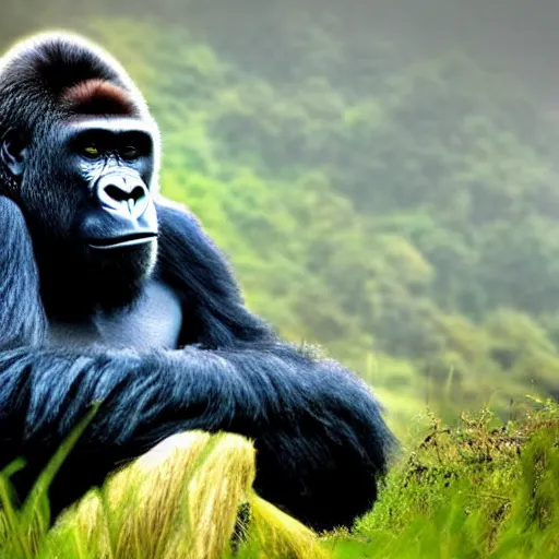 Prompt: a gorilla doing meditation in a mystical landscape, beautiful, misty