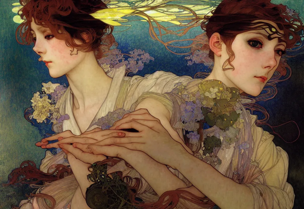 Image similar to anime girl portrait of highly details, solarpunk style,, by egon shiele and alphonse mucha, with influence of jeremy mann, peter lindbergh, dave mckean, maurice sapiro, and frank moth, soft lightning, highly detailed, 8 k