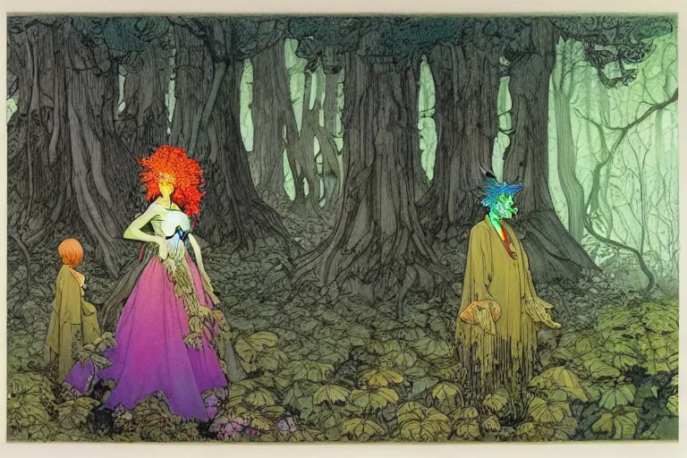 Image similar to a hyperrealist watercolour character concept art portrait of a haunted forest inside central park. neon flowers. weird people. by rebecca guay, michael kaluta, charles vess and jean moebius giraud