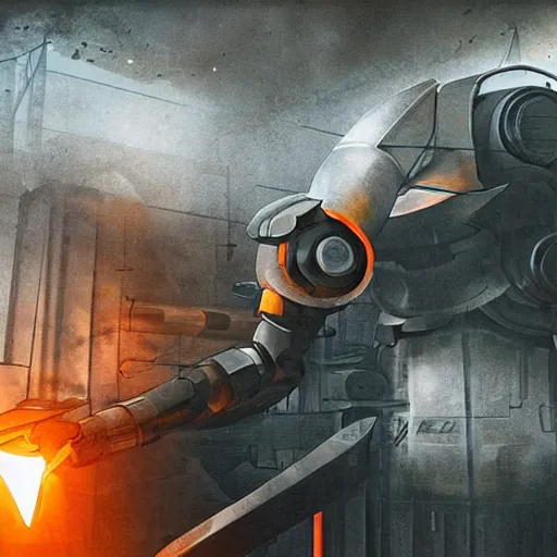 Image similar to cutlery mecha, dark messy smoke - filled cluttered workshop, dark, dramatic lighting, orange tint, cinematic, highly detailed, sci - fi, futuristic, movie still