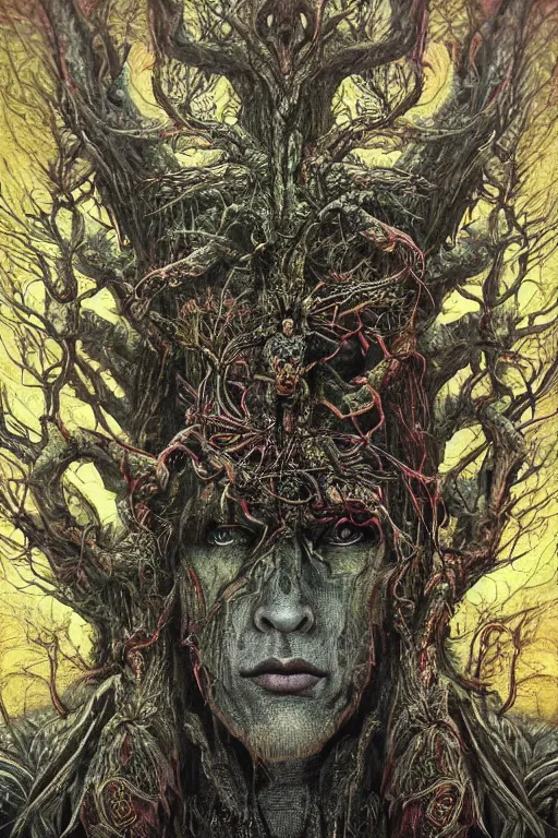 Prompt: 8k overdetailed maximalist ent darkfantasy art by oleksandra shchaslyva cinematic symmetric portrait of an ancient ent god emperor. Centered, uncut, unzoom charachter illustration. Ayahuasca visual manifestation. Surreal render, ultra realistic, zenith view. Inspired by giger feat peter gric and bekinski. Overpainted by salviadroid. Extremely ornated. artstation, cgsociety, unreal engine, ray tracing, detailed illustration, hd, 4k, digital art, overdetailed art. Intricate omnious visionary darkscifi fantastic realism concept art. complementing colors. Trending on artstation, deviantart