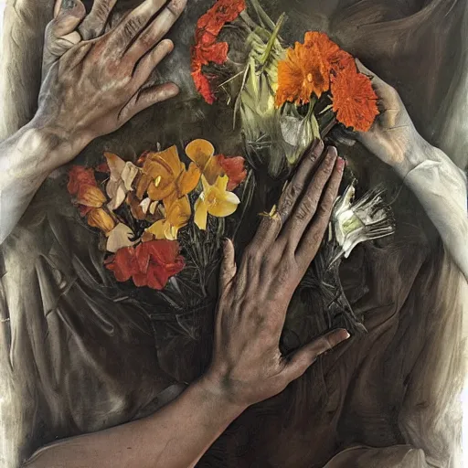 Prompt: a lot of hands touching flowers, by Jenny saville. Dark and atmospheric