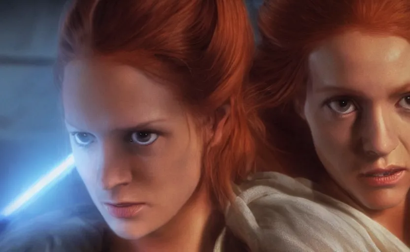 Image similar to still portrait of Jedi Mara Jade, played by Julian Moore, in lost star wars from (1970s) film by Stanley Kubrick, 2001 Space Oddyssey aesthetic, 4k HD, cinematic moody lighting, portrait photoreal, detailed photo, stunning cinematography, hyper-detailed, sharp, anamorphic lenses, kodak color film stock