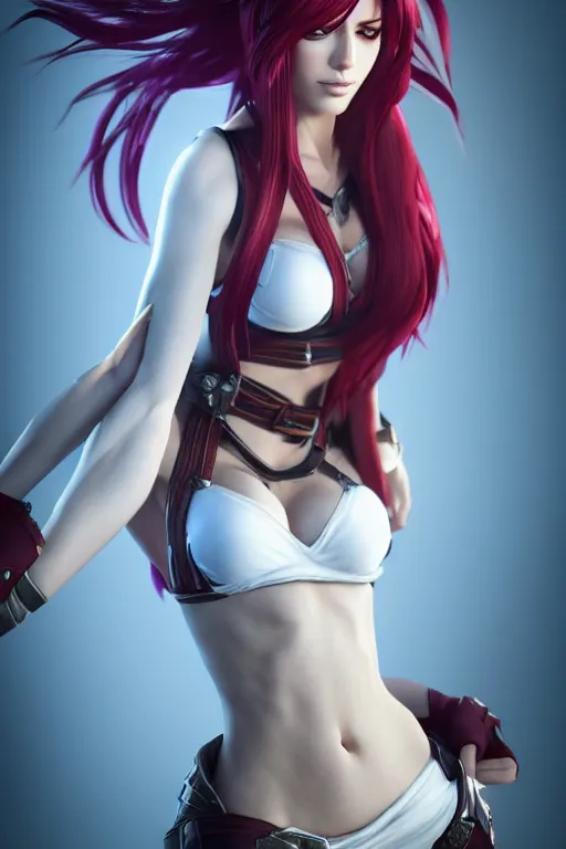 Prompt: Katarina from League of Legends, photorealistic full body, studio lighting, white ambient background, unreal engine 2, hyperrealistic, highly detailed, realistic