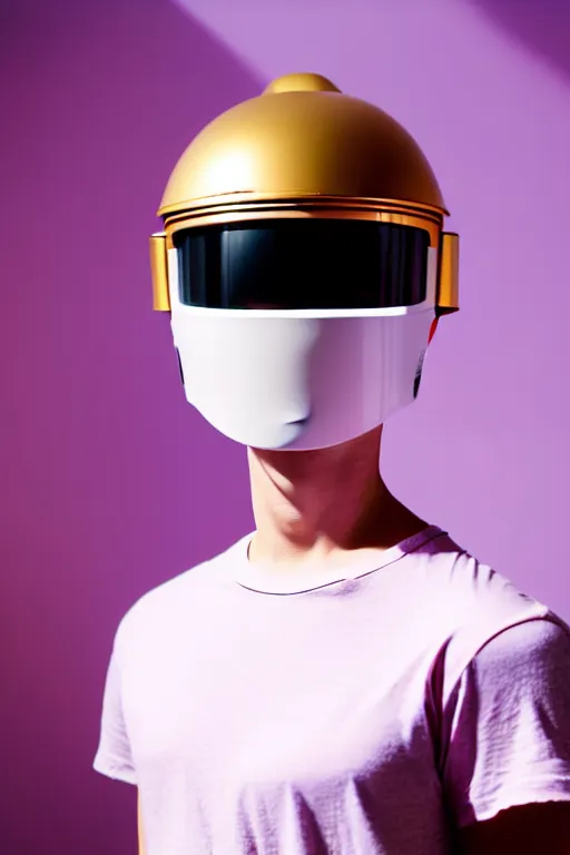 Image similar to a high definition film photograph of a normal androgynous robot human wearing a plain white t - shirt, in a pastel pink room. happy. metal visor covering eyes. metallic shiny gold coloured helmet. crushed shadows.