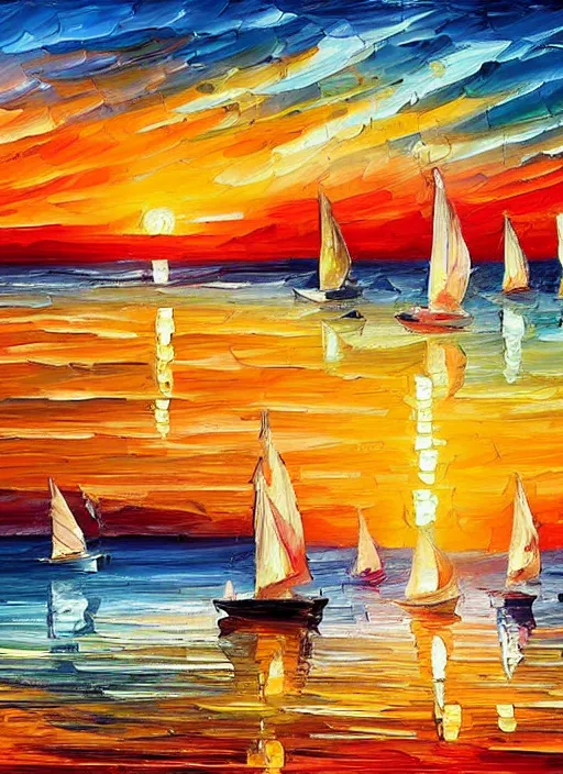 Image similar to beautiful seaside greek sunset with sailboats in the style of leonid afremov