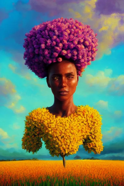 Prompt: closeup, large flower as the head, african woman in heather field, surreal photography, golden hour, colorful clouds, impressionist painting, digital painting, artstation, simon stalenhag