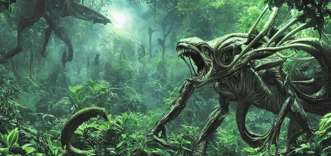Prompt: alien creature in the exotic jungle, landscape, alex ross, neal adams, david finch, concept art, matte painting, highly detailed, rule of thirds, dynamic lighting, cinematic, detailed, denoised, centerd