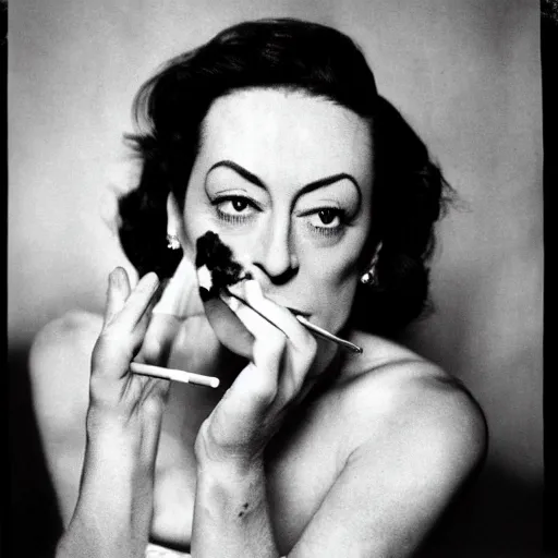 Image similar to joan crawford smoking a joint or cigarette, photo journalism, portrait, in the style of anna leibovitz