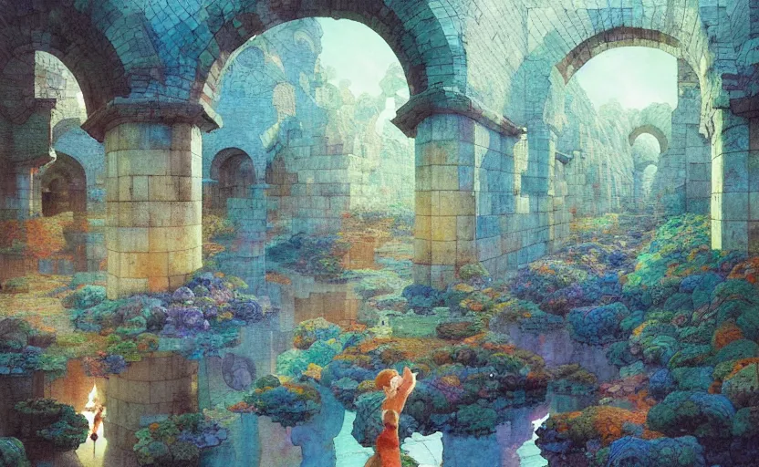 Image similar to tiled room squared waterway, aqueducts, fantasy. intricate, amazing composition, colorful watercolor, by ruan jia, by maxfield parrish, by marc simonetti, by hikari shimoda, by robert hubert, by zhang kechun, illustration, gloomy