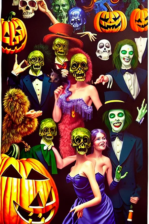 Image similar to a hyperrealistic painting of a vintage halloween costume party, cinematic horror by chris cunningham, lisa frank, richard corben, highly detailed, vivid color,