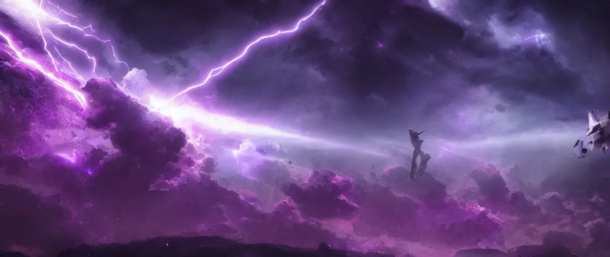 Prompt: purple lightning in space, stars, nebula, matte painting, futuristic, sci fi, style of tim barton digital painting, trending on artstation, high detail, volumetric lighting, godrays