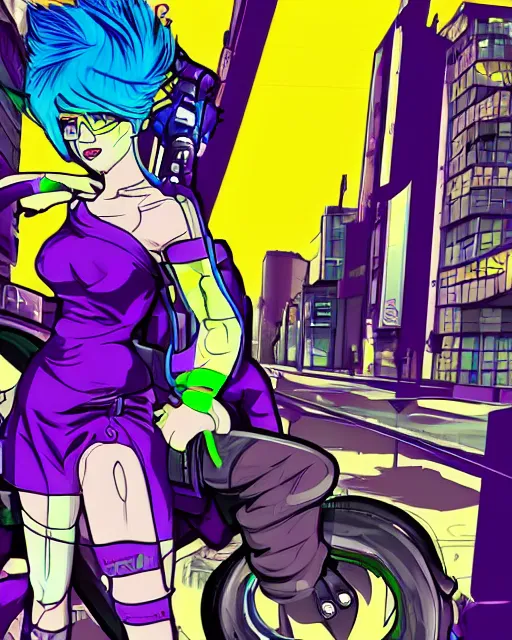 Image similar to cel shaded art of a pretty blue haired girl standing next to a purple lamborghinil, jet grind radio graphics, cyberpunk city street background