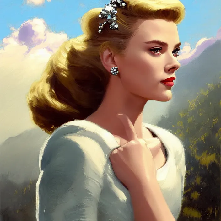 Image similar to A combination of Scarlett Johannson’s and Grace Kelly’s and Audrey Hepburn's appearance wearing Forerunner armor from Halo, countryside, calm, fantasy character portrait, dynamic pose, above view, sunny day, thunder clouds in the sky, artwork by Jeremy Lipkin and Giuseppe Dangelico Pino and Michael Garmash and Rob Rey and Greg Manchess, very coherent asymmetrical artwork, sharp edges, perfect face, simple form, 100mm