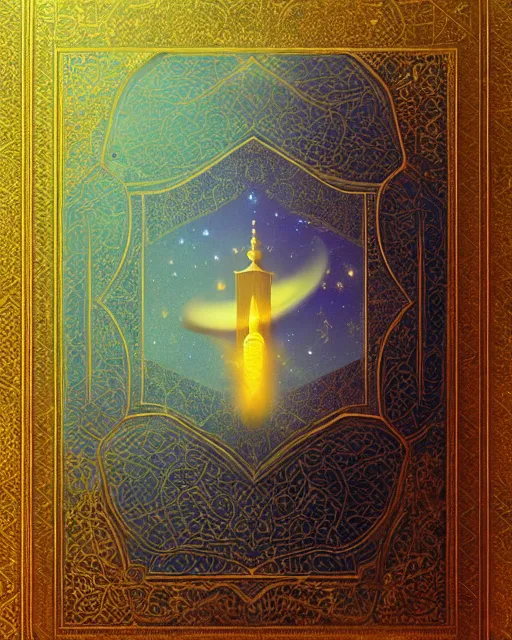 Image similar to the quran descending from the galaxy into clouds highly detailed, gold filigree, romantic storybook fantasy, soft cinematic lighting, award, pastel color palette, featured on artstation, digital art