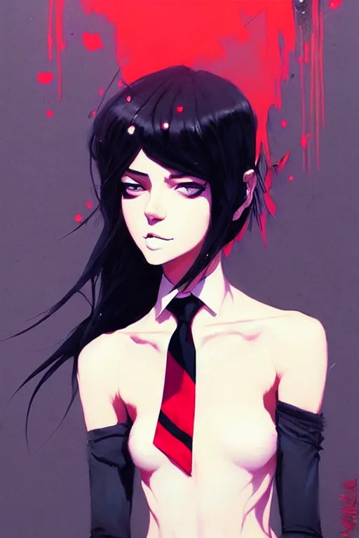 Prompt: a ultradetailed beautiful painting of a stylish goth girl wearing a tie, by conrad roset, greg rutkowski and makoto shinkai trending on artstation