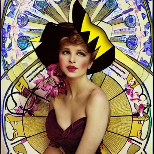 Image similar to elegant woman dressed up as pikachu art photo by Annie Liebovitz and Alphonse Mucha