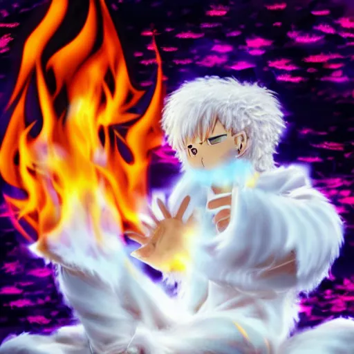 Image similar to fluffy popcorn hit by lightning, elemental spirit, in the style of a manga character, with a smiling face and flames for hair, sitting on a lotus flower, white background, simple, clean composition, symmetrical