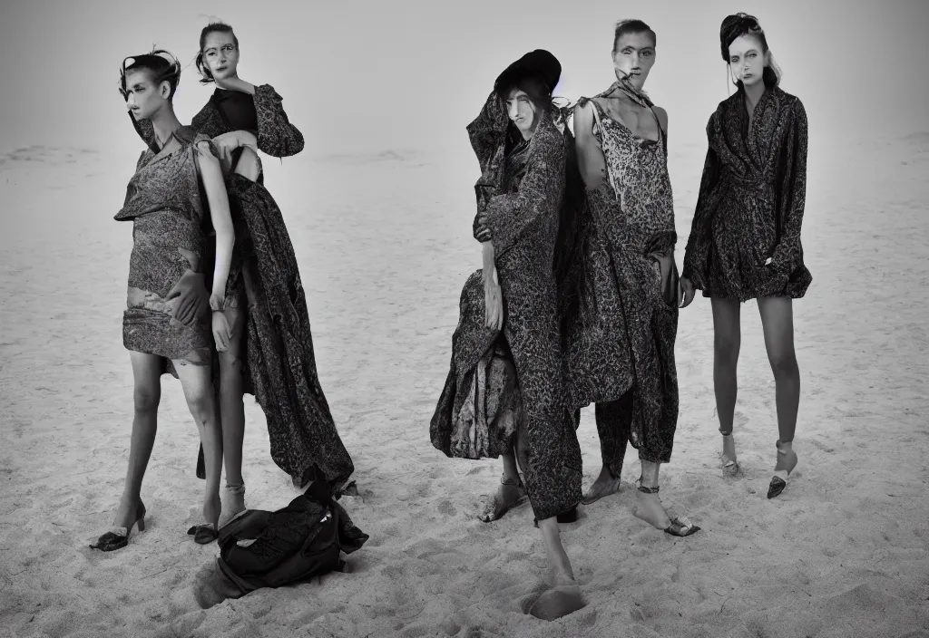 Image similar to fashion editorial in sand storm. wide angle shot. highly detailed.