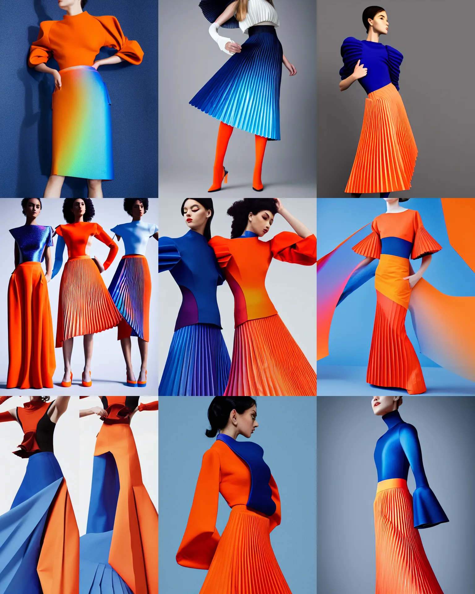 Prompt: collection intiguing accordion sleeve haute couture, sailor uniform, midi skirt, coated pleats, synthetic curves striking pose, stylized dynamic folds, cute huge pockets, volume flutter, youthful, modeled by modern designer bust, body fitted dart manipulation, picton blue, orange gradient scheme, holographic tones, expert composition, professional retouch, editorial photography