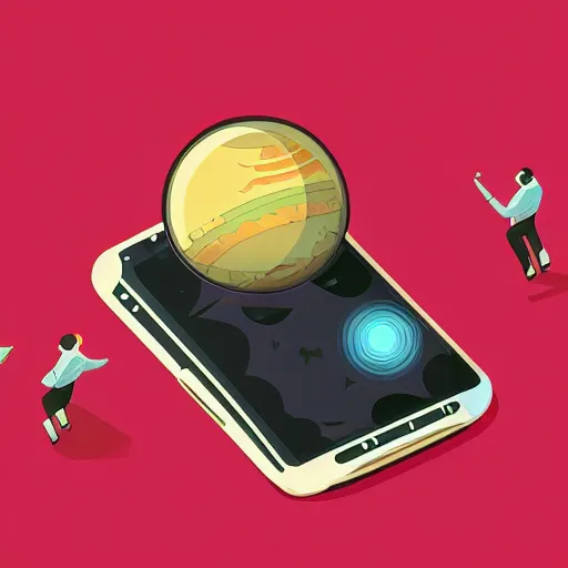 Prompt: illustration of a mobile phone with a planet inside the screen going out of it, in 4 d, detailed and intricate forty five degree isometric, cross by studio muti