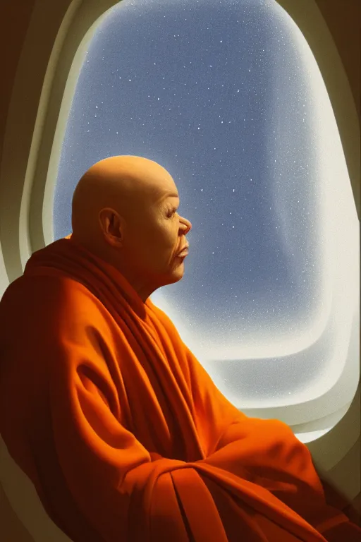 Image similar to portrait of a blind monk in a spaceship, looking out the window, orange robe, dramatic lighting, artstation, matte painting, ralph mcquarrie