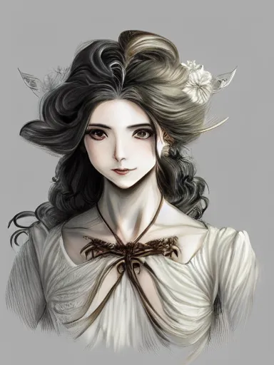 Prompt: a smiling woman, long hair, baroque style, elegant, beautiful, mesmerizing, concept art, fancy clothing, highly detailed, artstation, behance, deviantart, inspired by innocent manga, inspired by castlevania concept art, trending, ayami kojima, shinichi sakamoto