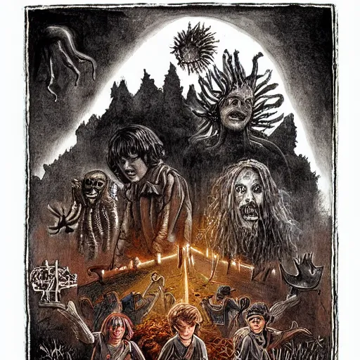 Prompt: fantasy painting of stranger things by judson huss and henriette grindat and albrecht durer | horror themed | creepy