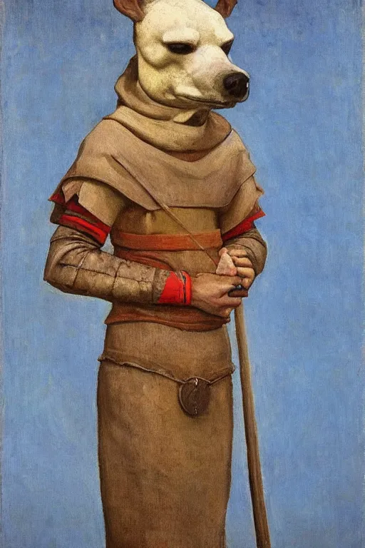 Image similar to slavic dog head man, woolen torso in medieval clothes, holding a weapon, orthodox, oil painting, concept art, hyperrealism, beautiful, high resolution, trending on artstation, by annie swynnerton and nicholas roerich, symbolist, soft colors, dramatic lighting, extremely detailed, two hands,