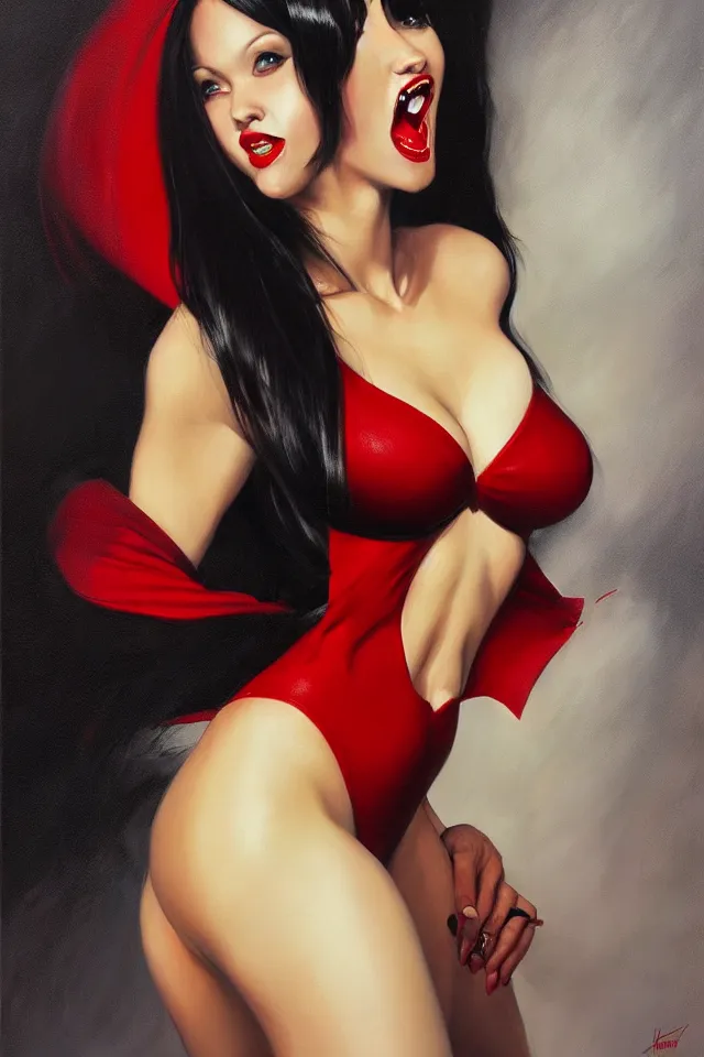 Image similar to Close up of full body of Vampirella, oil on canvas, artgerm, hyperrealistic, norman rockwell, craig mulins, trending on pxiv