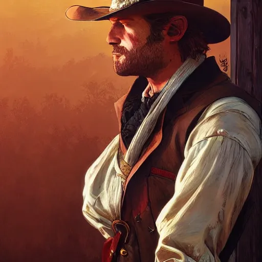 Image similar to Arthur Morgan from Red Dead Redemption 2, bleeding, D&D, fantasy, intricate, elegant, highly detailed, digital painting, artstation, concept art, smooth, sharp focus, illustration, art by artgerm and greg rutkowski and alphonse mucha