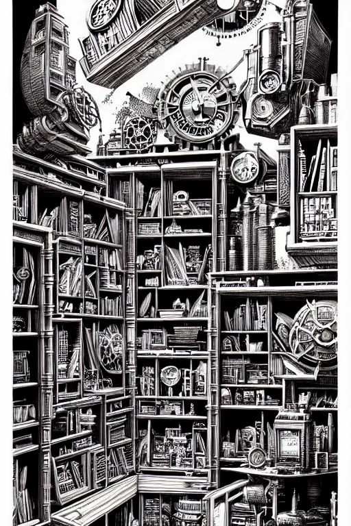 Image similar to a majestic steampunk alchemists bookshelf, two point perspective, furniture, high details, bold line art, by vincent di fate and joe fenton, inking, etching, screen print, masterpiece, trending on artstation, sharp, high contrast, hyper - detailed,, hd, 4 k, 8 k